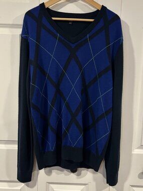 Vintage Y2K Express 100% Merino Wool Argyle Preppy V-Neck Sweater L Old Money